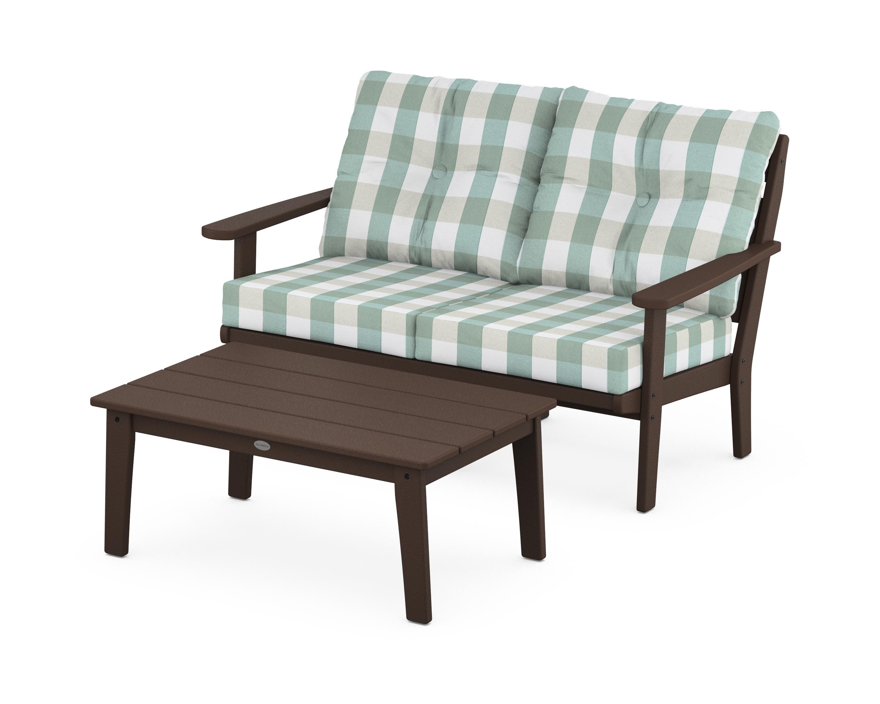 POLYWOOD® Lakeside 2-Piece Lounge Loveseat Set in Mahogany / Buffalo Plaid Glacier Spa