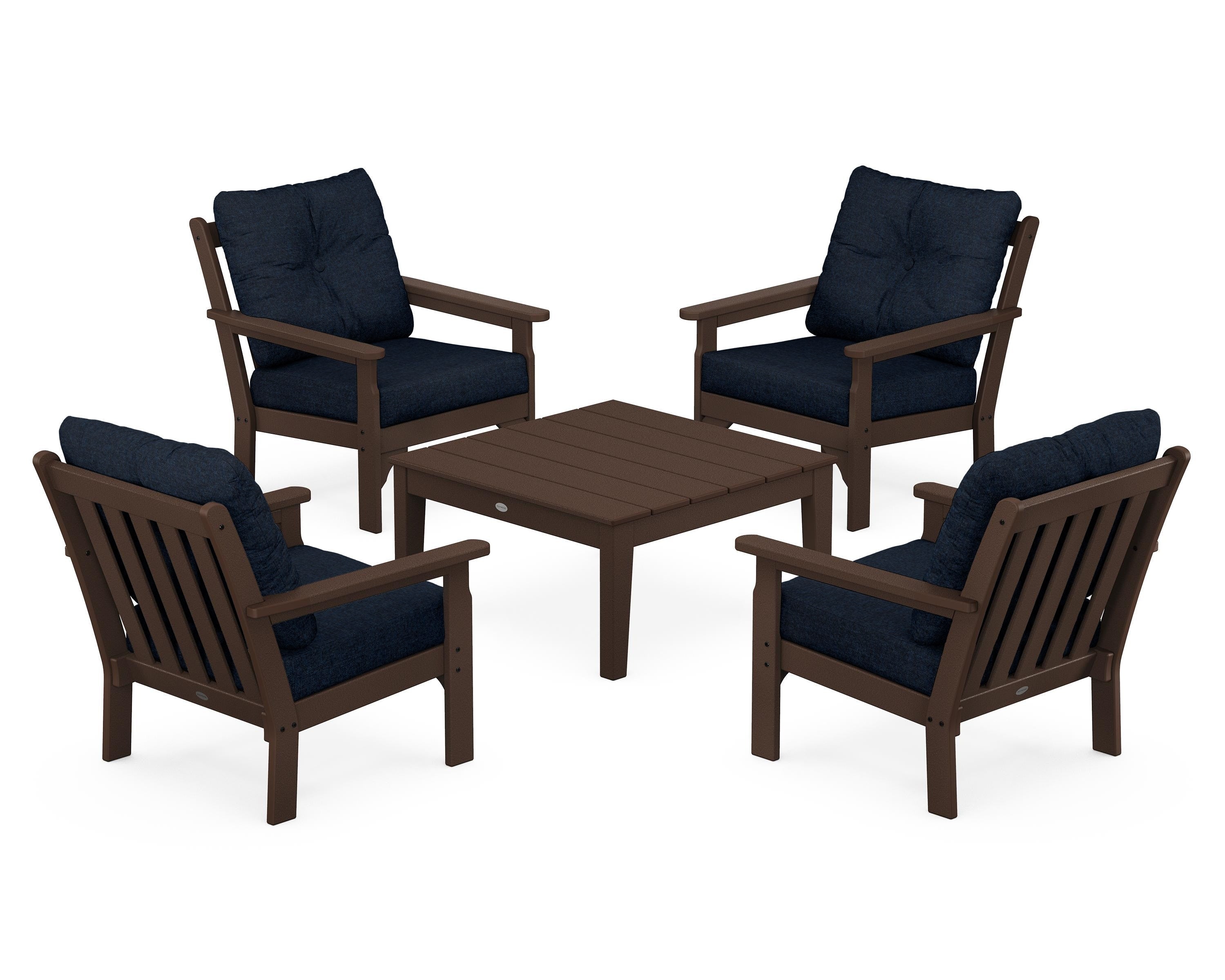 POLYWOOD® Vineyard 5-Piece Deep Seating Conversation Set in Mahogany / Marine Indigo