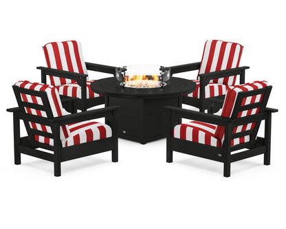 POLYWOOD® Club 5-Piece Conversation Set with Fire Pit Table in Black / Cabana Stripe Crimson