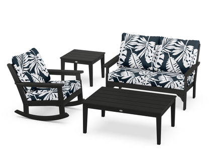 POLYWOOD® Vineyard 4-Piece Deep Seating Rocker Set in Black / Leaf Marine Indigo