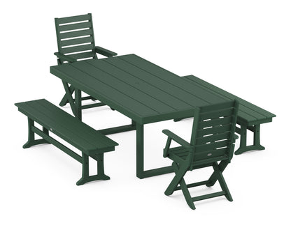 POLYWOOD® Captain Folding Chair 5-Piece Dining Set with Benches in Green