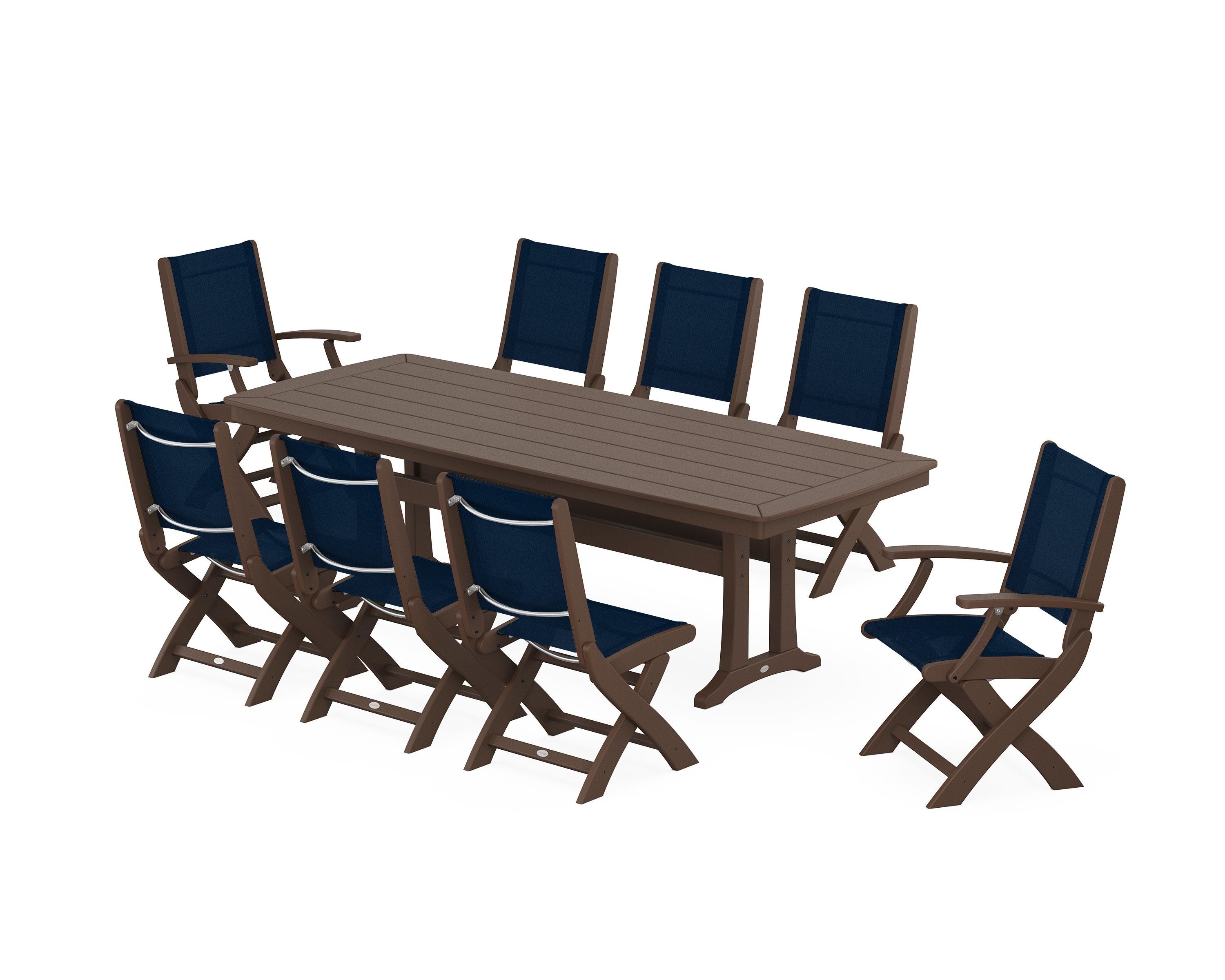 POLYWOOD® Coastal Folding 9-Piece Dining Set with Trestle Legs in Mahogany / Navy Blue Sling