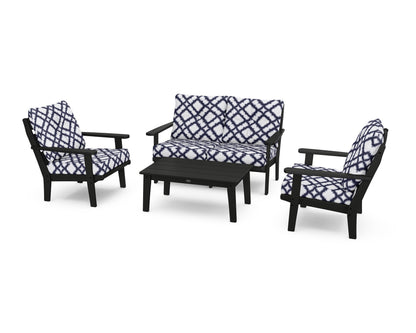POLYWOOD® Lakeside 4-Piece Deep Seating Set in Black / Trellis Navy