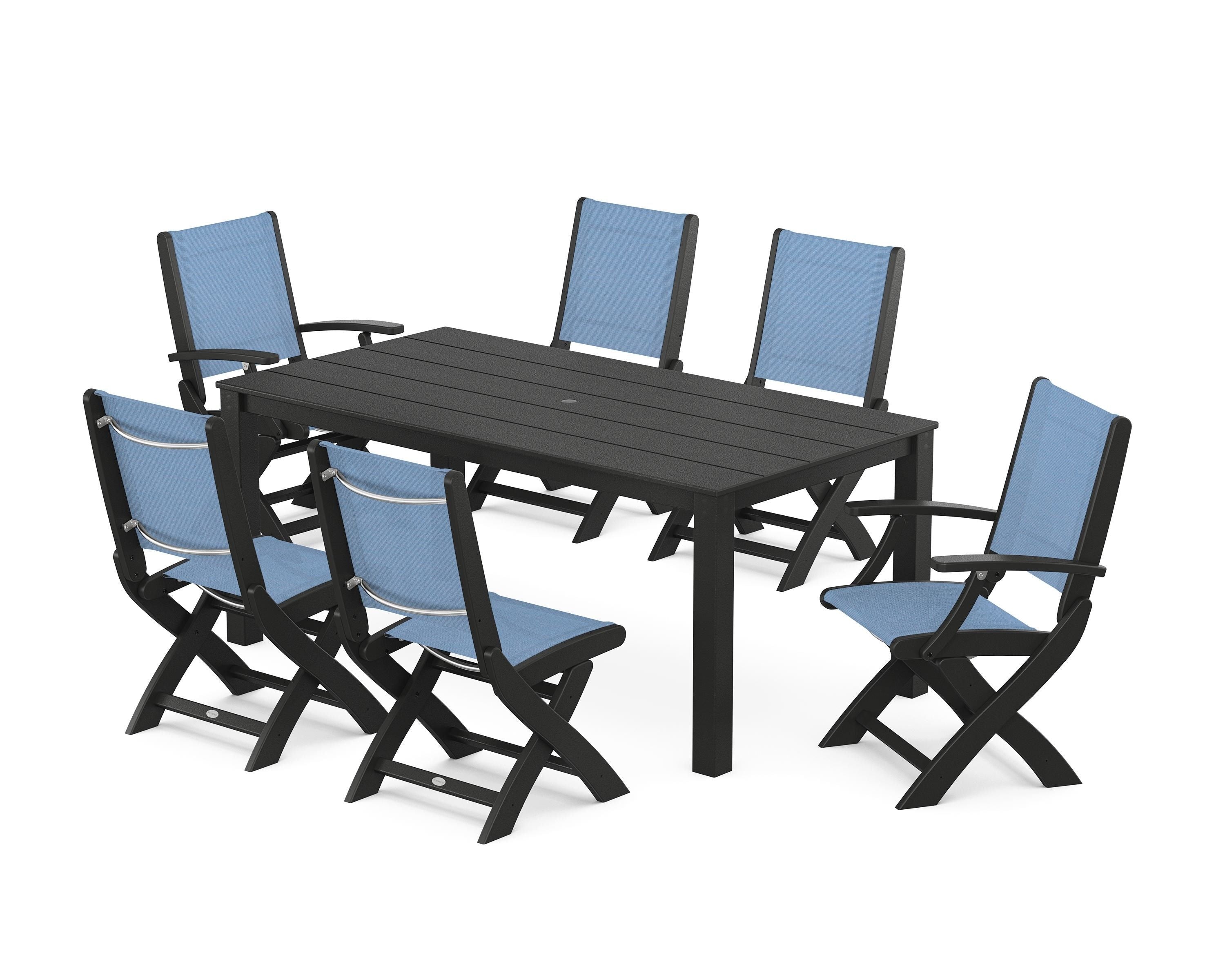 POLYWOOD® Coastal Folding Chair 7-Piece Parsons Dining Set in Black / Poolside Sling