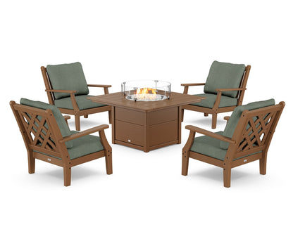 Country Living Wovendale 5-Piece Deep Seating Set with Fire Pit Table in Teak / Cast Sage