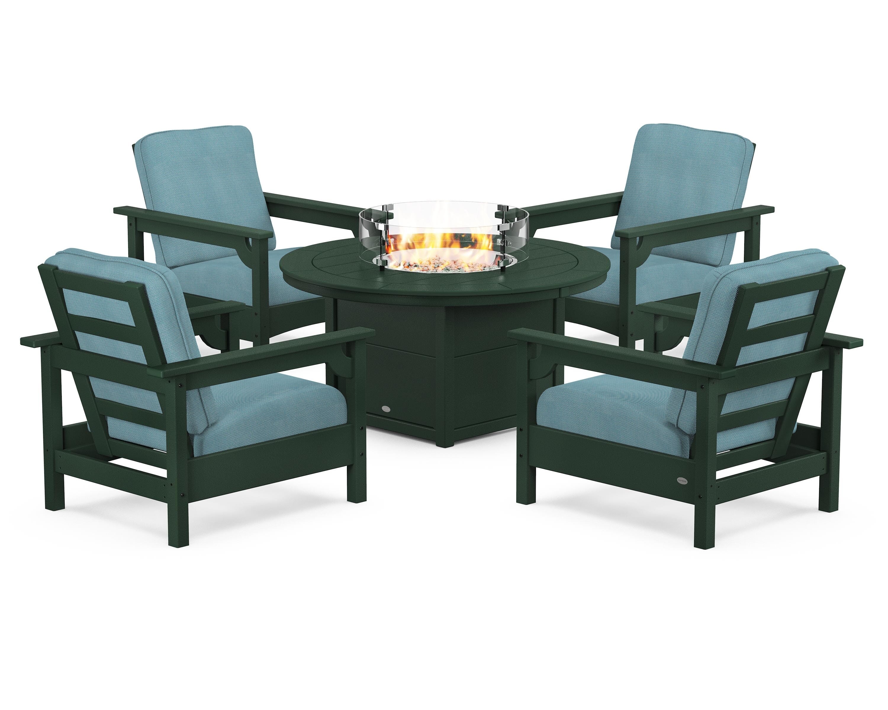 POLYWOOD® Club 5-Piece Conversation Set with Fire Pit Table in Green / Lattice Sky Blue