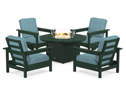 POLYWOOD® Club 5-Piece Conversation Set with Fire Pit Table in Green / Lattice Sky Blue