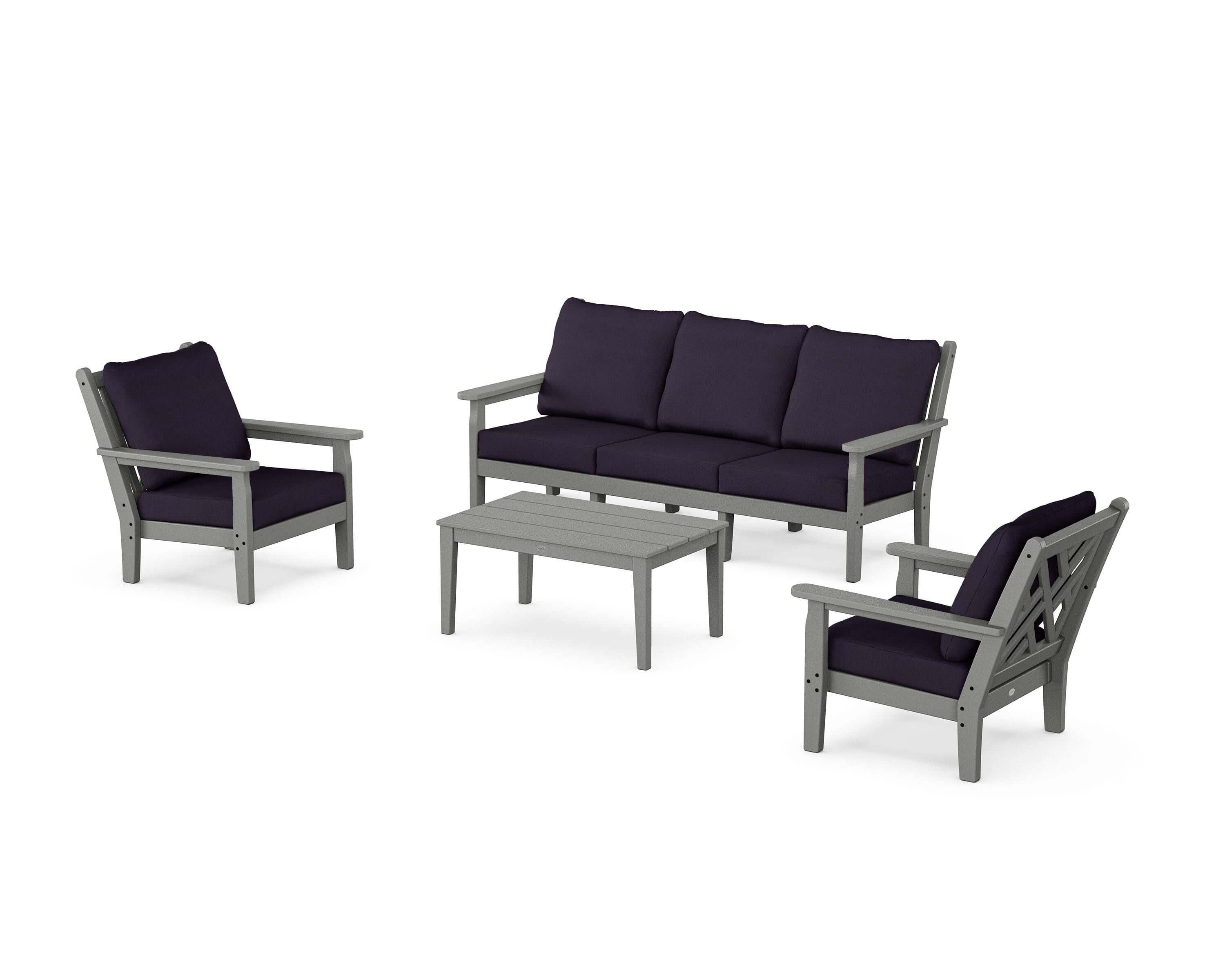 POLYWOOD® Chippendale 4-Piece Deep Seating Set with Sofa in Slate Grey / Navy Linen