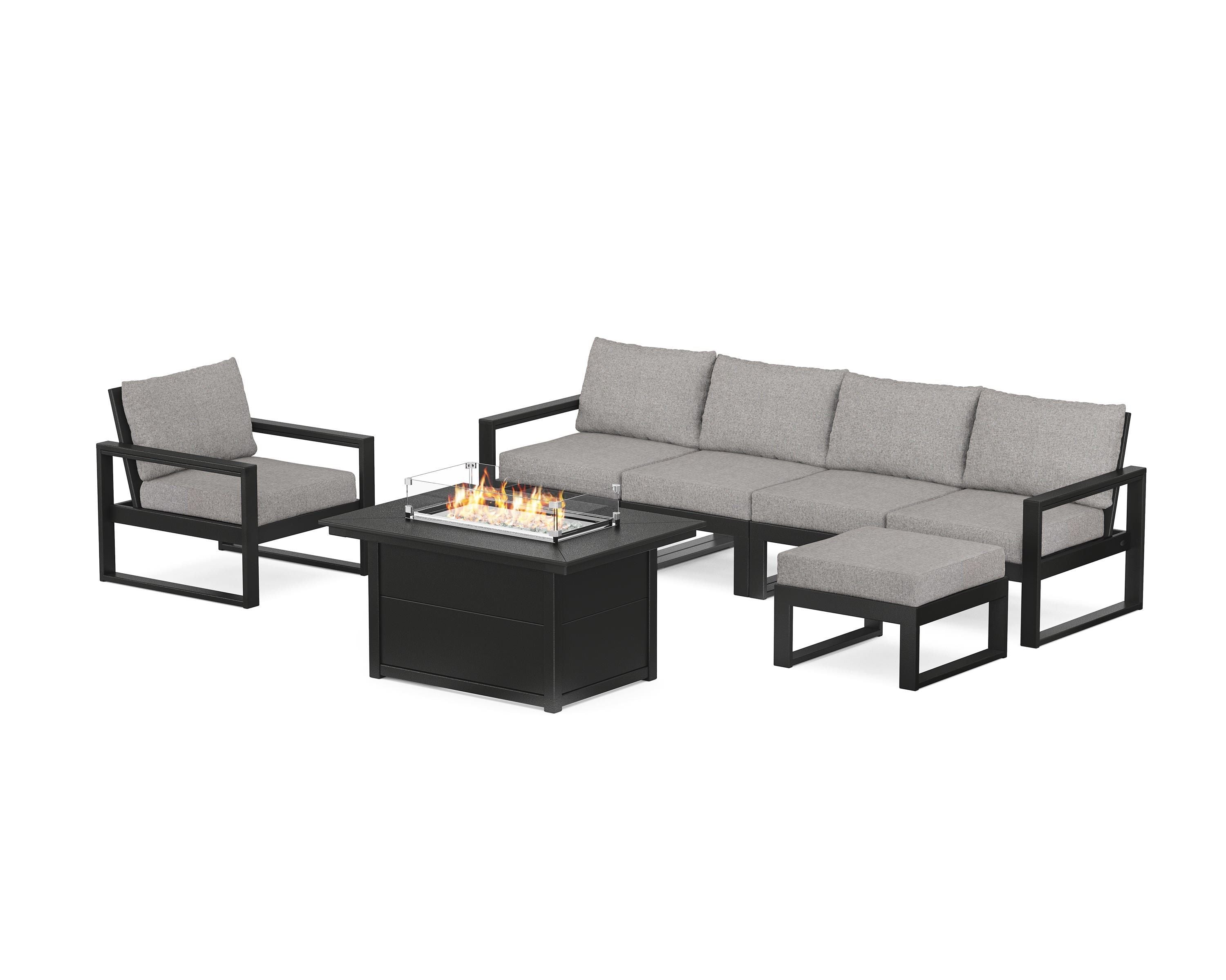 POLYWOOD® EDGE Sectional Lounge and Fire Pit Set in Black / Grey Mist