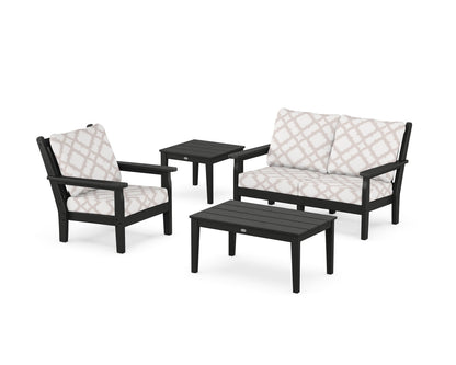 POLYWOOD® Chippendale 4-Piece Deep Seating Set in Black / Trellis Dune Burlap