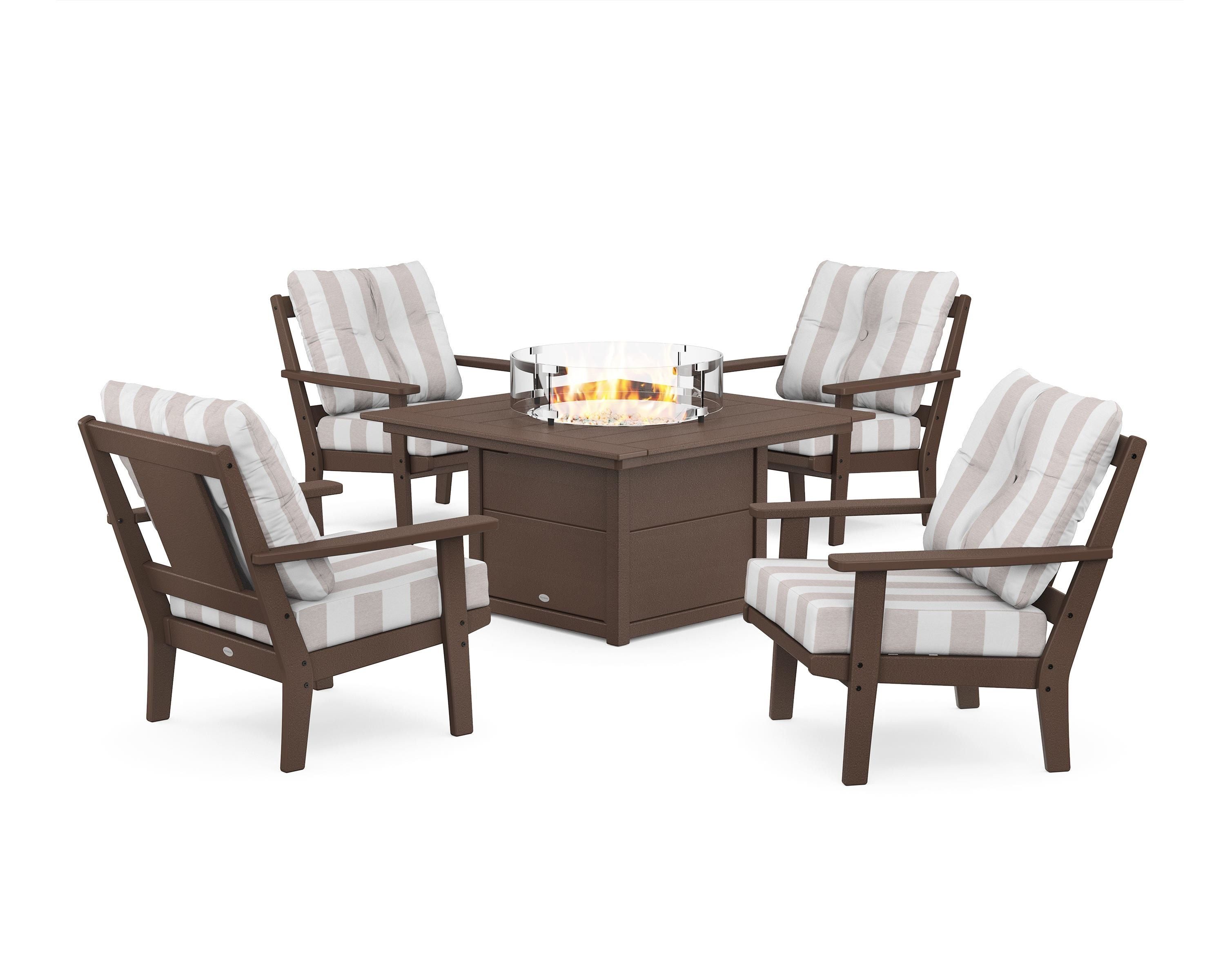 POLYWOOD® Prairie 5-Piece Deep Seating Set with Fire Pit Table in Mahogany / Cabana Stripe Dune Burlap