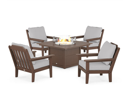 Country Living Cottage 5-Piece Deep Seating Set with Fire Pit Table in Mahogany / Granite