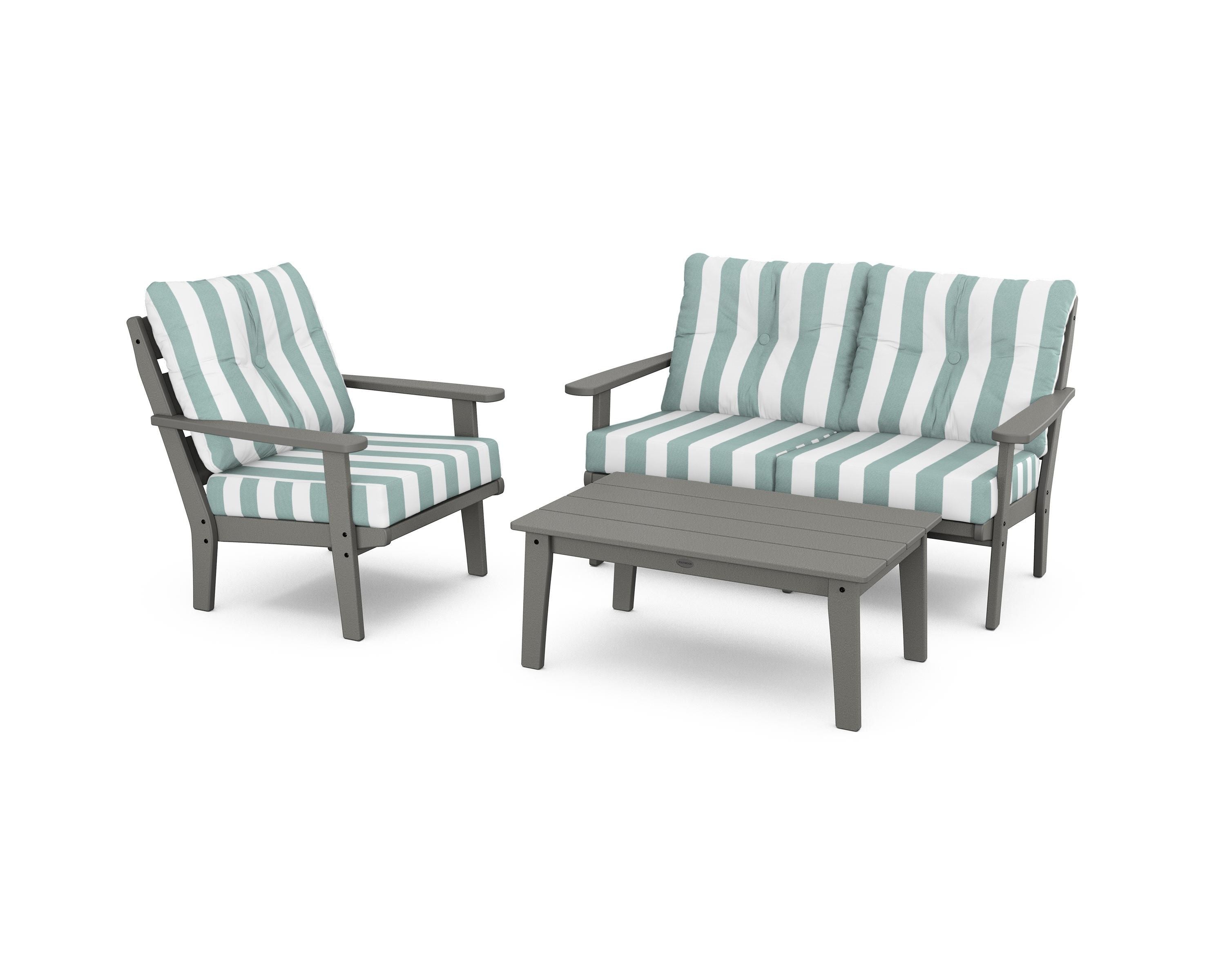 POLYWOOD® Lakeside 3-Piece Deep Seating Set in Slate Grey / Cabana Stripe Glacier Spa