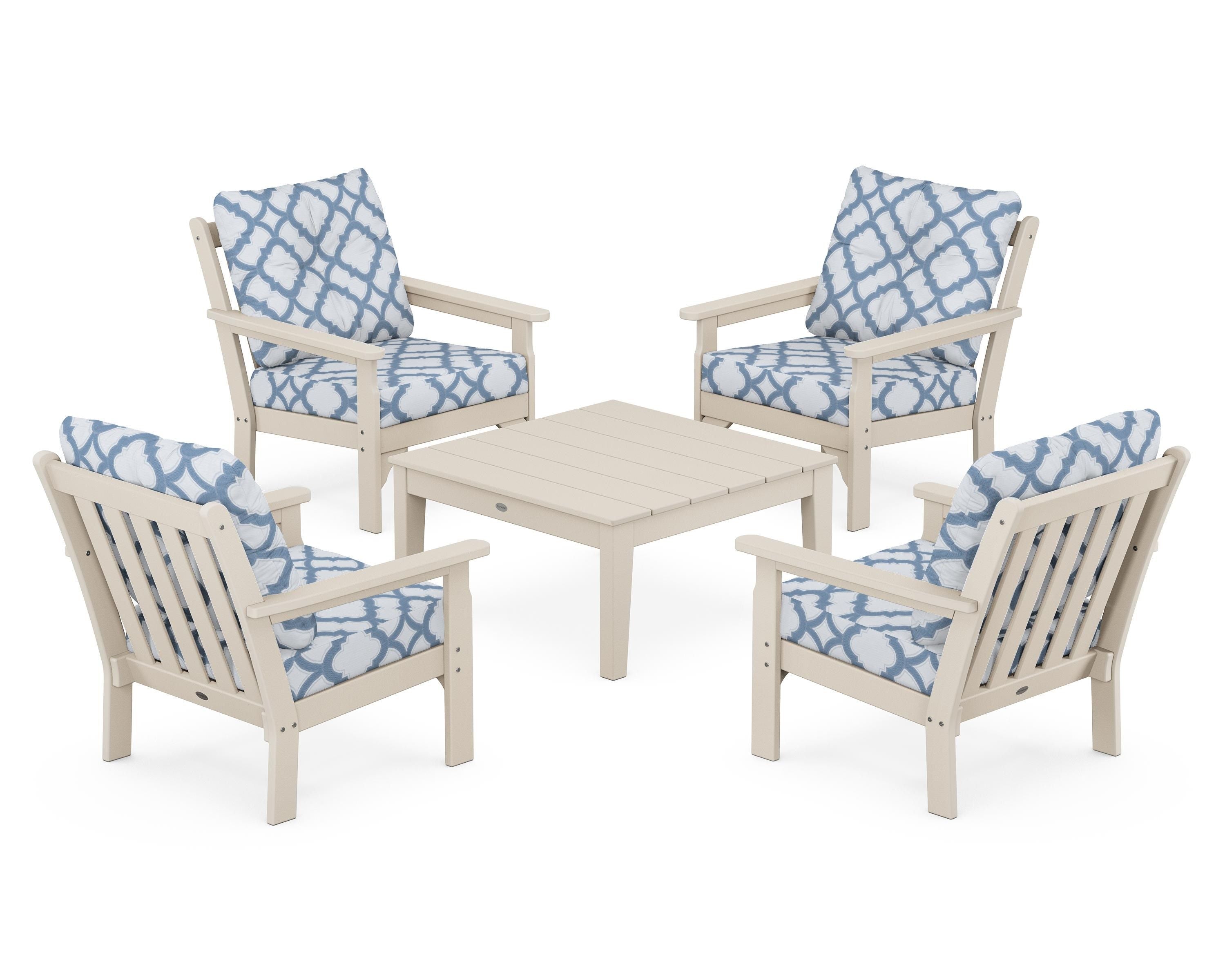 POLYWOOD® Vineyard 5-Piece Deep Seating Conversation Set in Sand / Trellis Sky Blue