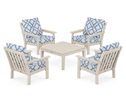 POLYWOOD® Vineyard 5-Piece Deep Seating Conversation Set in Sand / Trellis Sky Blue