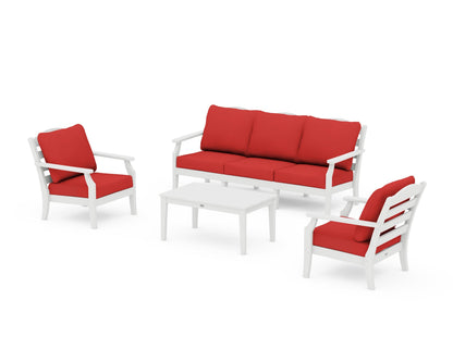 Draper James™ by  POLYWOOD® Savannah 4-Piece Deep Seating Set with Sofa in White / Crimson Linen