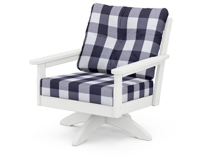 POLYWOOD® Vineyard Deep Seating Swivel Chair in White / Buffalo Plaid Navy