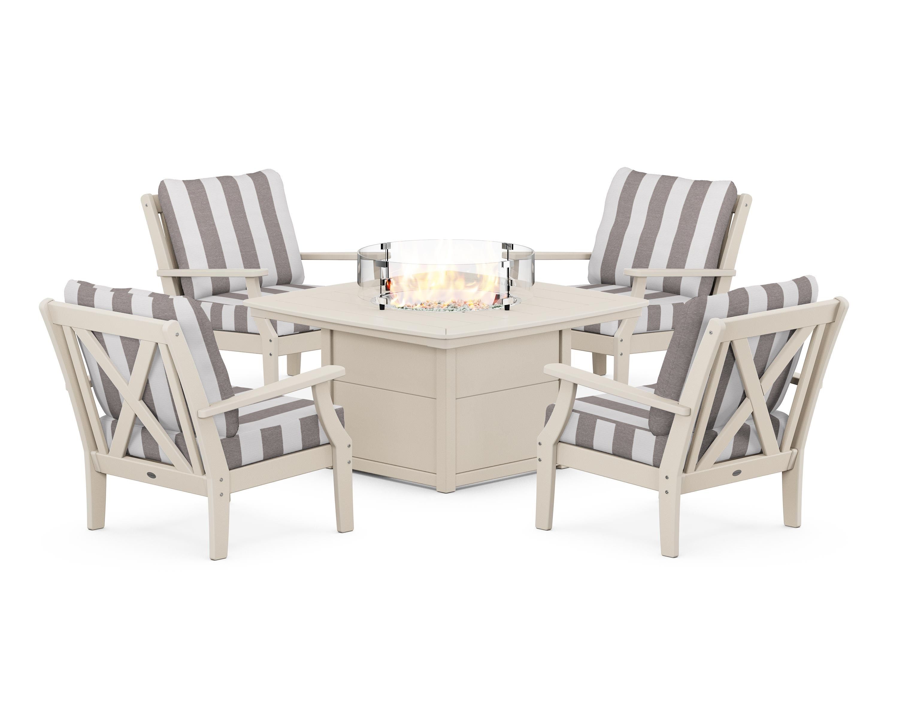 POLYWOOD® Braxton 5-Piece Deep Seating Conversation Set with Fire Pit Table in Sand / Cabana Stripe Grey Mist