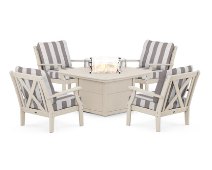 POLYWOOD® Braxton 5-Piece Deep Seating Conversation Set with Fire Pit Table in Sand / Cabana Stripe Grey Mist