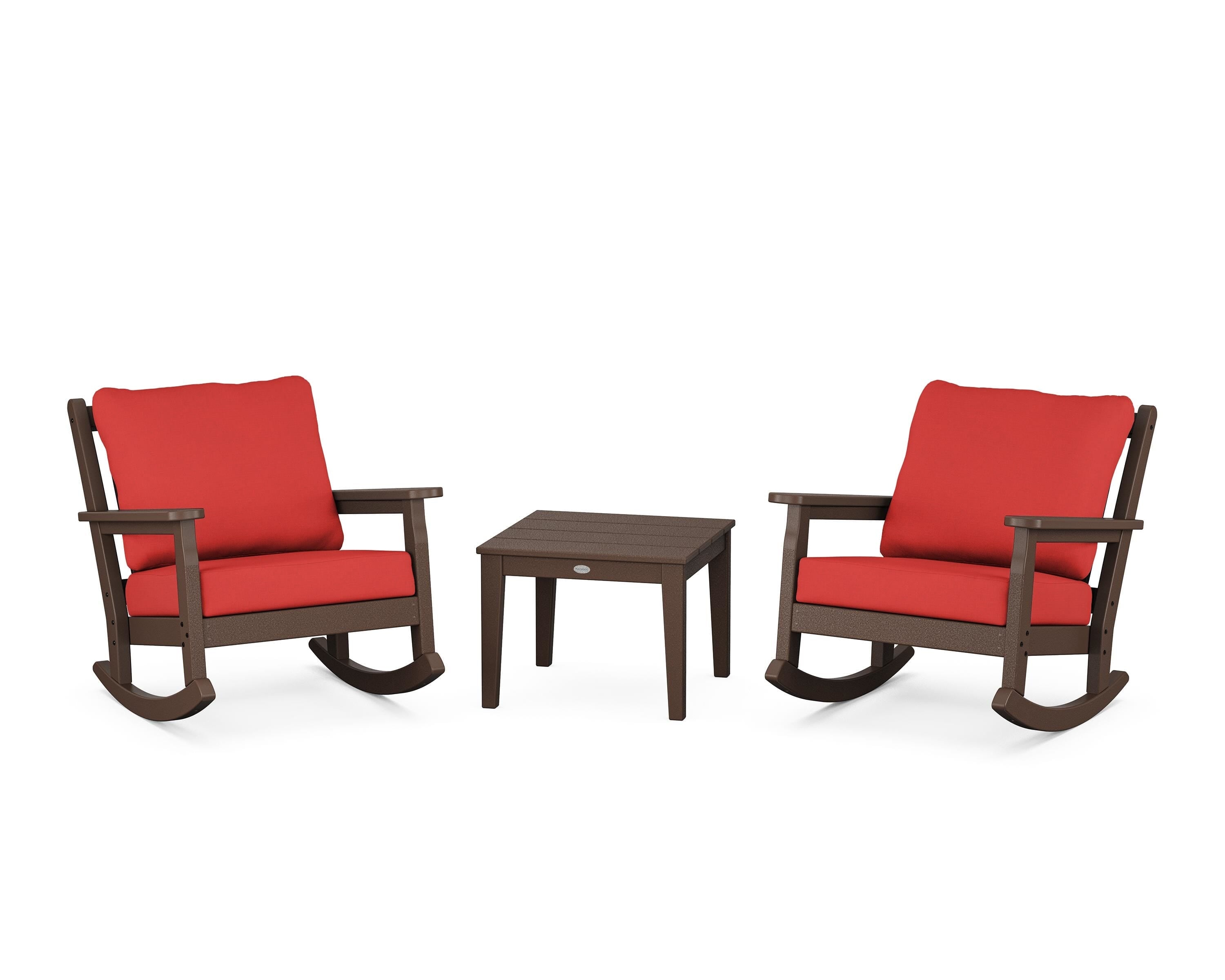 POLYWOOD® Chippendale 3-Piece Deep Seating Rocker Set in Mahogany / Crimson Linen