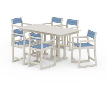 POLYWOOD® EDGE Sling Arm Chair 7-Piece Farmhouse Counter Set in Sand / Poolside Sling