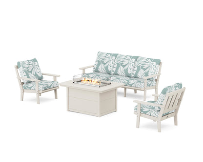 POLYWOOD® Oxford Deep Seating Fire Pit Table Set in Sand / Leaf Glacier Spa
