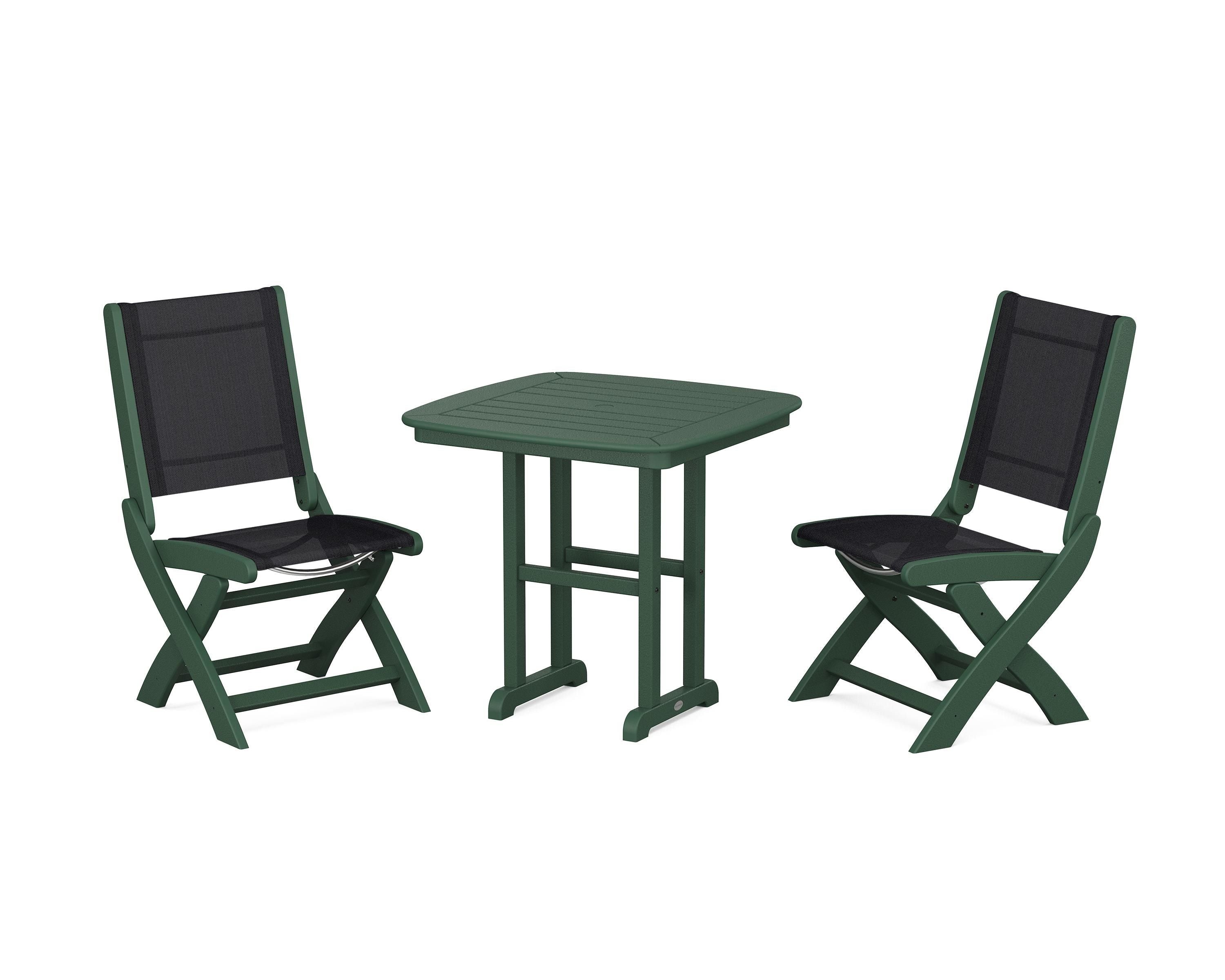 POLYWOOD® Coastal Folding Side Chair 3-Piece Dining Set in Green / Black Sling