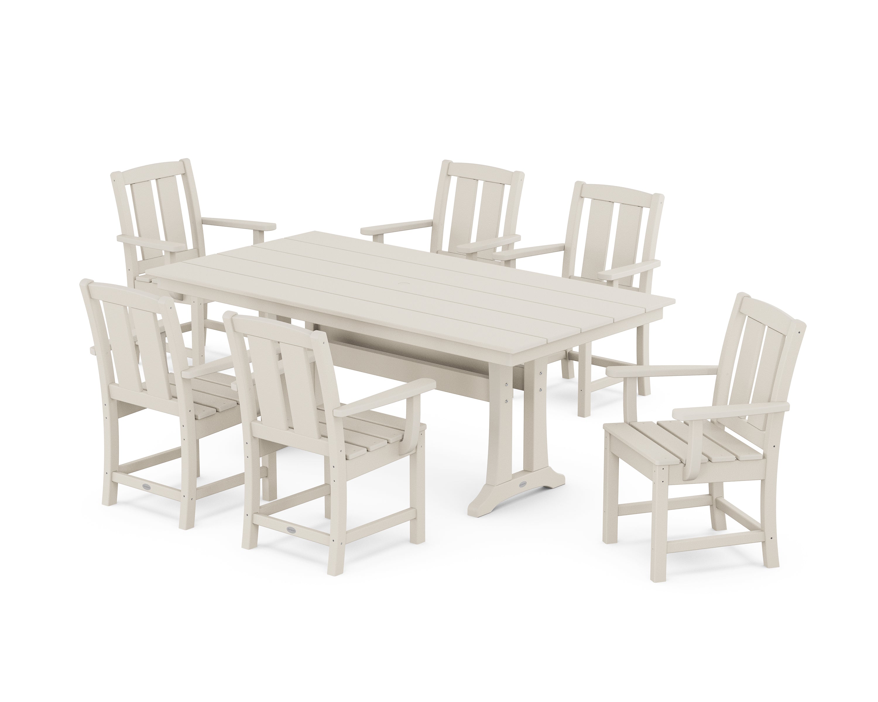 POLYWOOD® Mission Arm Chair 7-Piece Farmhouse Dining Set with Trestle Legs in Sand