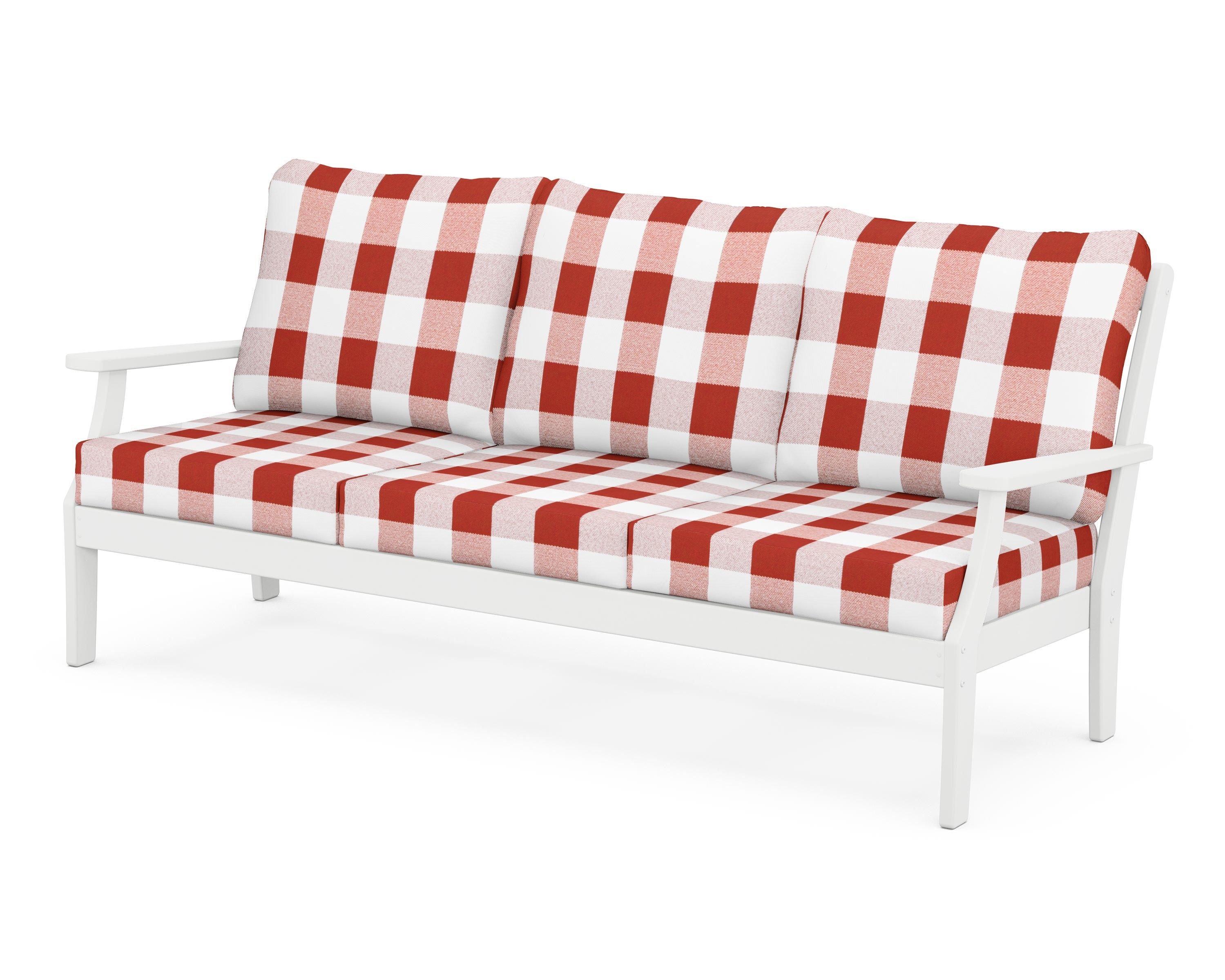 POLYWOOD® Braxton Deep Seating Sofa in White / Buffalo Plaid Crimson