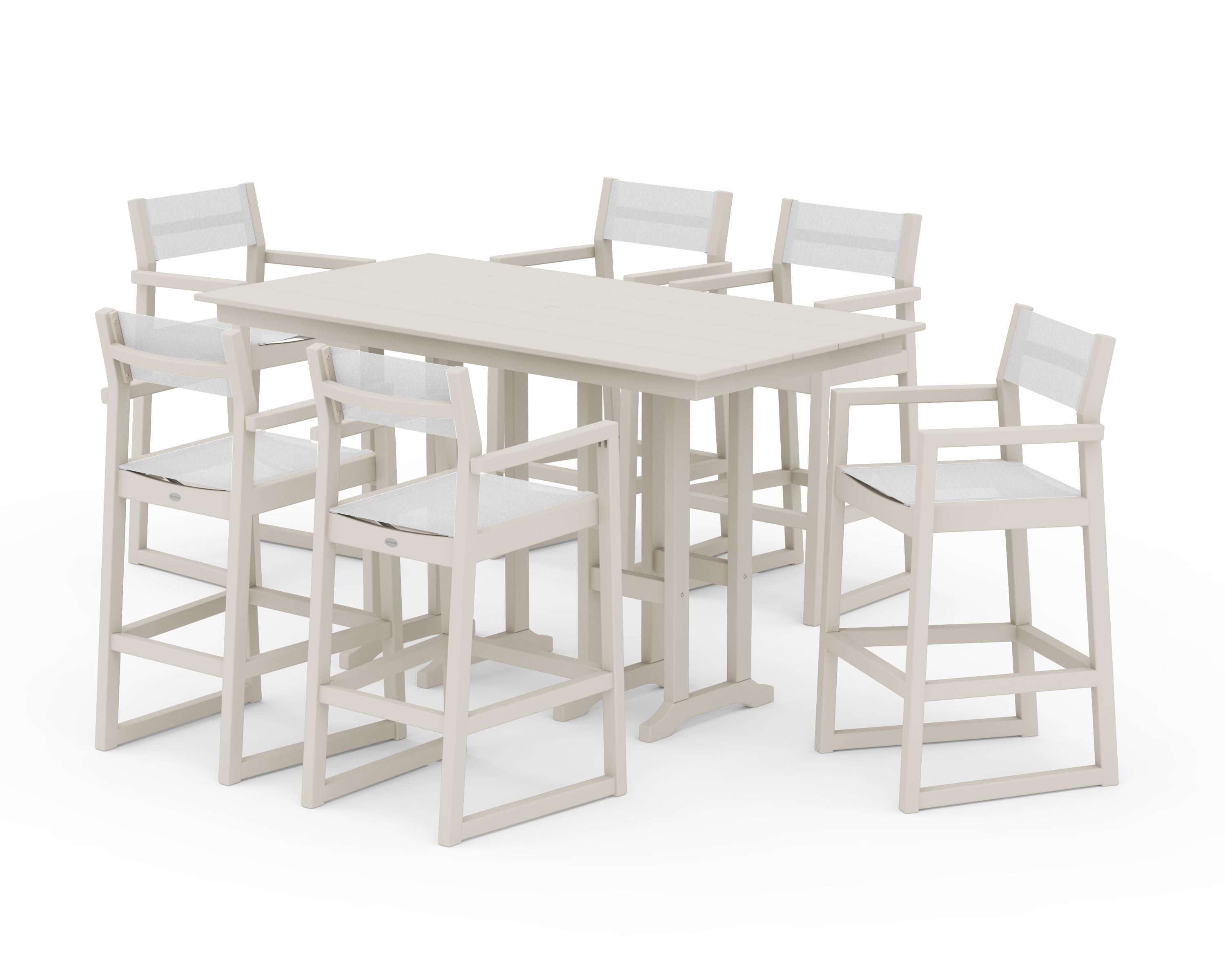 POLYWOOD® EDGE Sling Arm Chair 7-Piece Farmhouse Bar Set in Sand / White Sling