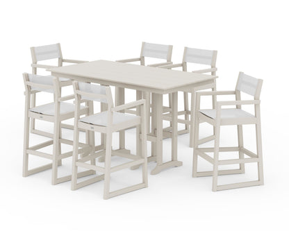 POLYWOOD® EDGE Sling Arm Chair 7-Piece Farmhouse Bar Set in Sand / White Sling