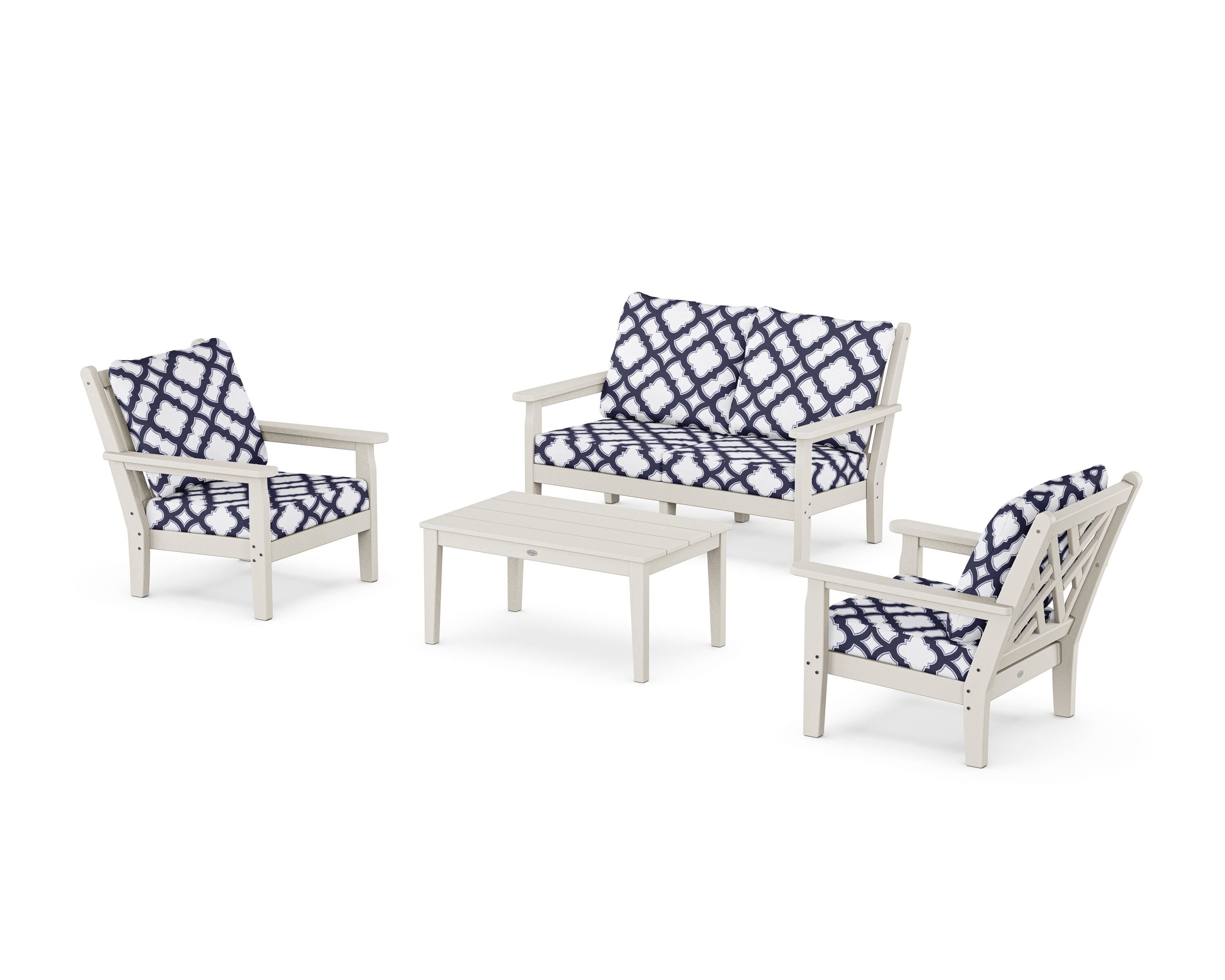 POLYWOOD® Chippendale 4-Piece Deep Seating Set with Loveseat in Sand / Trellis Navy