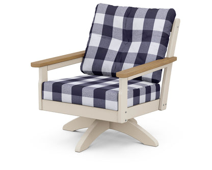 POLYWOOD® Vineyard Deep Seating Swivel Chair in Sand / Natural / Buffalo Plaid Navy