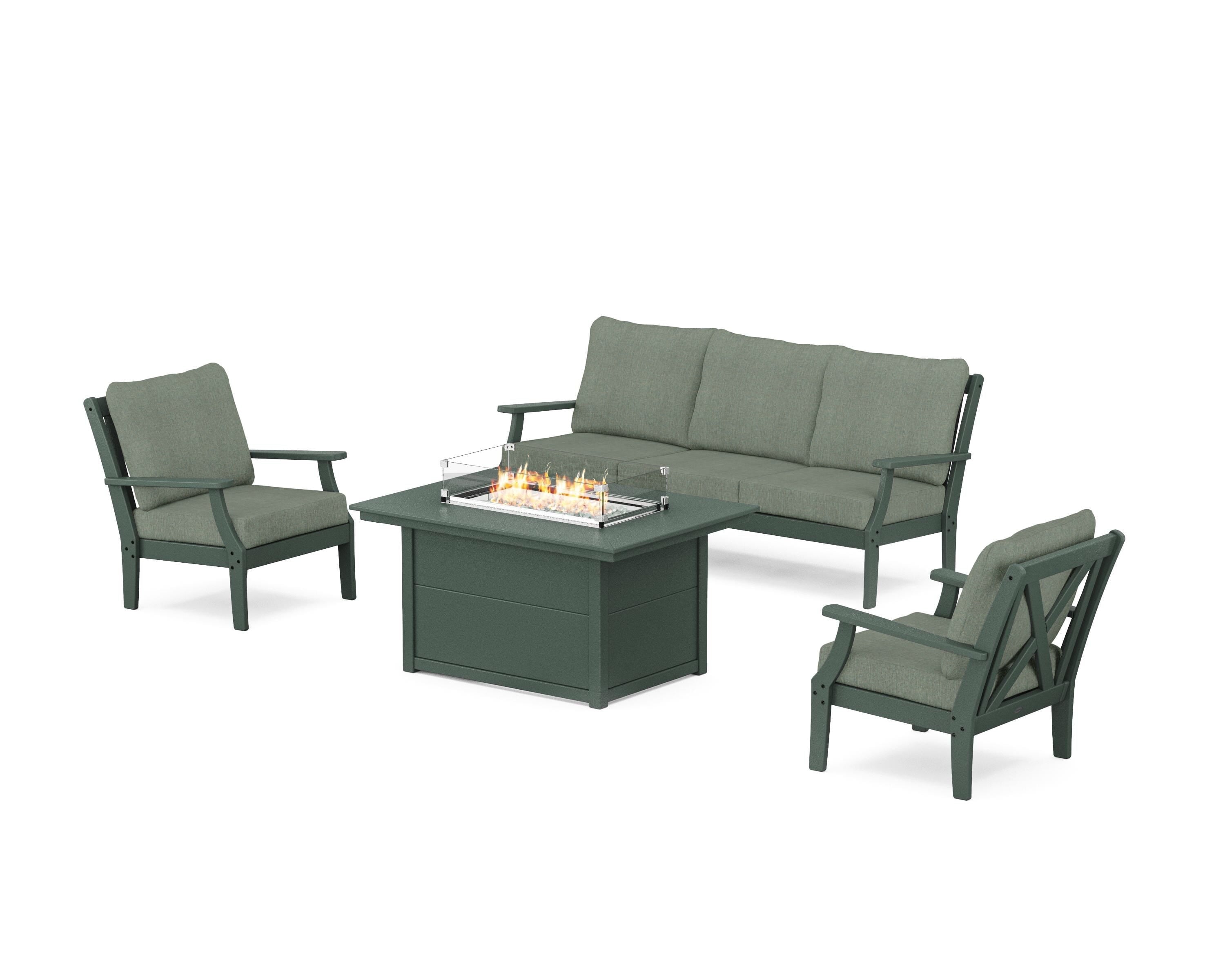POLYWOOD® Braxton Deep Seating Fire Pit Table Set in Green / Cast Sage