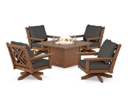 POLYWOOD® Chippendale 5-Piece Deep Seating Swivel Conversation Set with Fire Pit Table in Teak / Spectrum Carbon