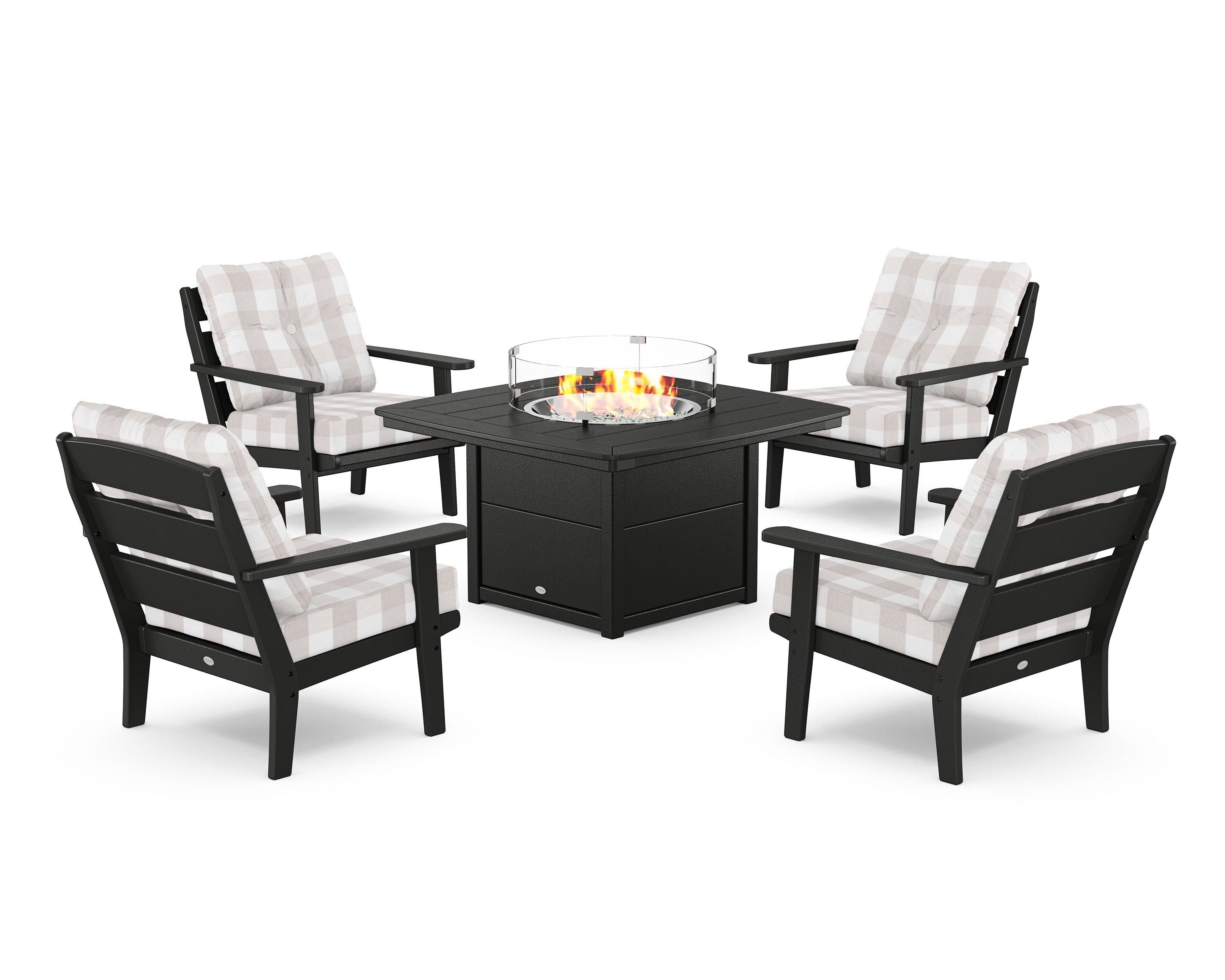 POLYWOOD® Lakeside 5-Piece Deep Seating Set with Nautical Fire Pit Table in Black / Buffalo Plaid Dune Burlap