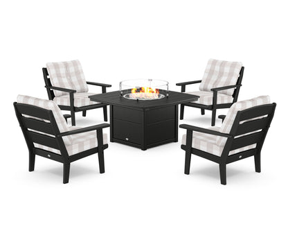 POLYWOOD® Lakeside 5-Piece Deep Seating Set with Nautical Fire Pit Table in Black / Buffalo Plaid Dune Burlap