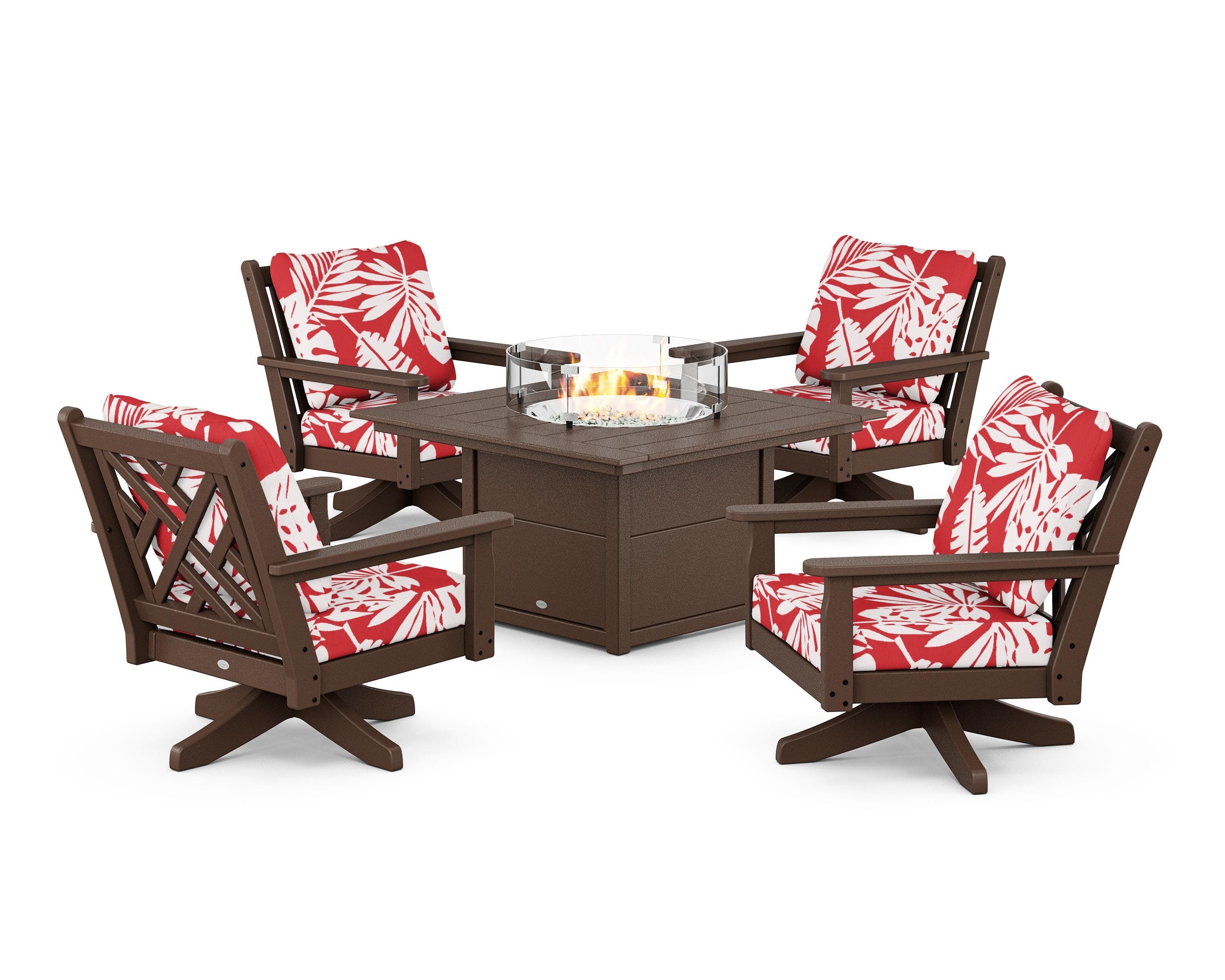 POLYWOOD® Chippendale 5-Piece Deep Seating Swivel Conversation Set with Fire Pit Table in Mahogany / Leaf Crimson