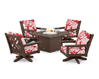 POLYWOOD® Chippendale 5-Piece Deep Seating Swivel Conversation Set with Fire Pit Table in Mahogany / Leaf Crimson