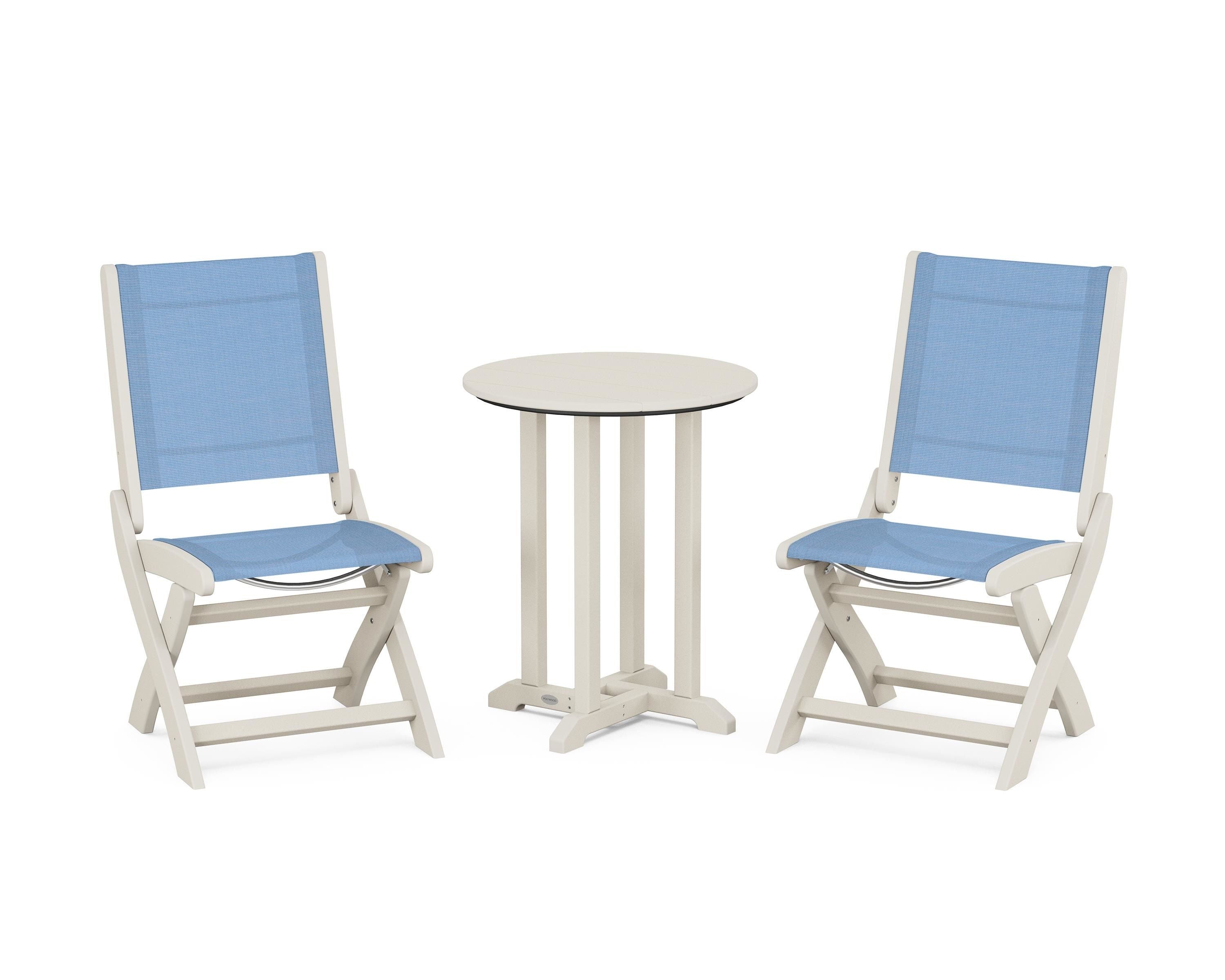 POLYWOOD® Coastal Folding Side Chair 3-Piece Round Bistro Dining Set in Sand / Poolside Sling