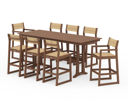 POLYWOOD® EDGE Sling 9-Piece Farmhouse Bar Set with Trestle Legs in Teak / Dupioni Apricot Sling