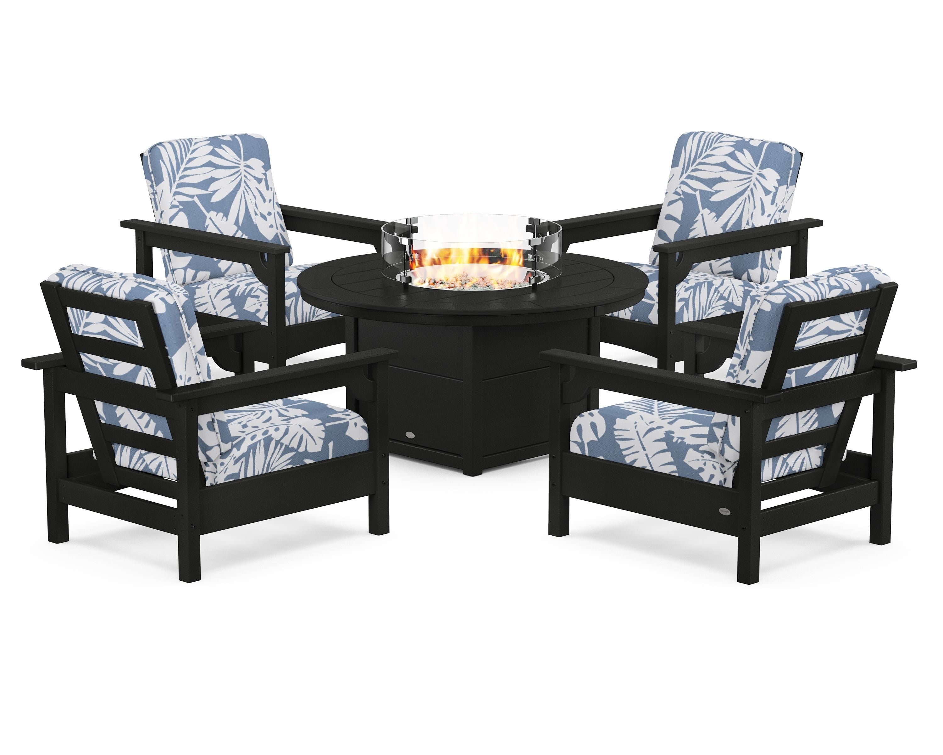 POLYWOOD® Club 5-Piece Conversation Set with Fire Pit Table in Black / Leaf Sky Blue