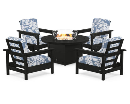 POLYWOOD® Club 5-Piece Conversation Set with Fire Pit Table in Black / Leaf Sky Blue