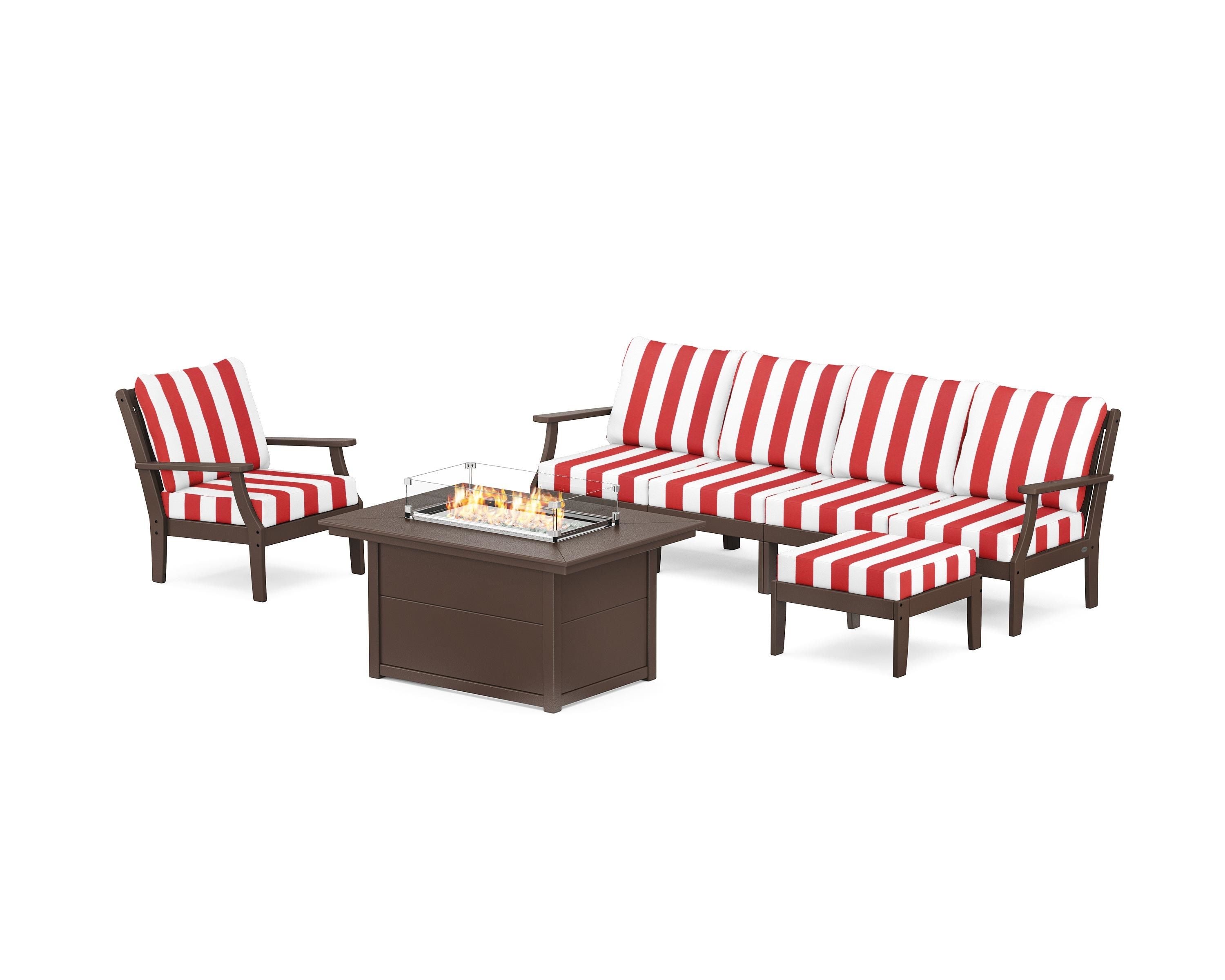 POLYWOOD® Braxton Sectional Lounge and Fire Pit Set in Mahogany / Cabana Stripe Crimson