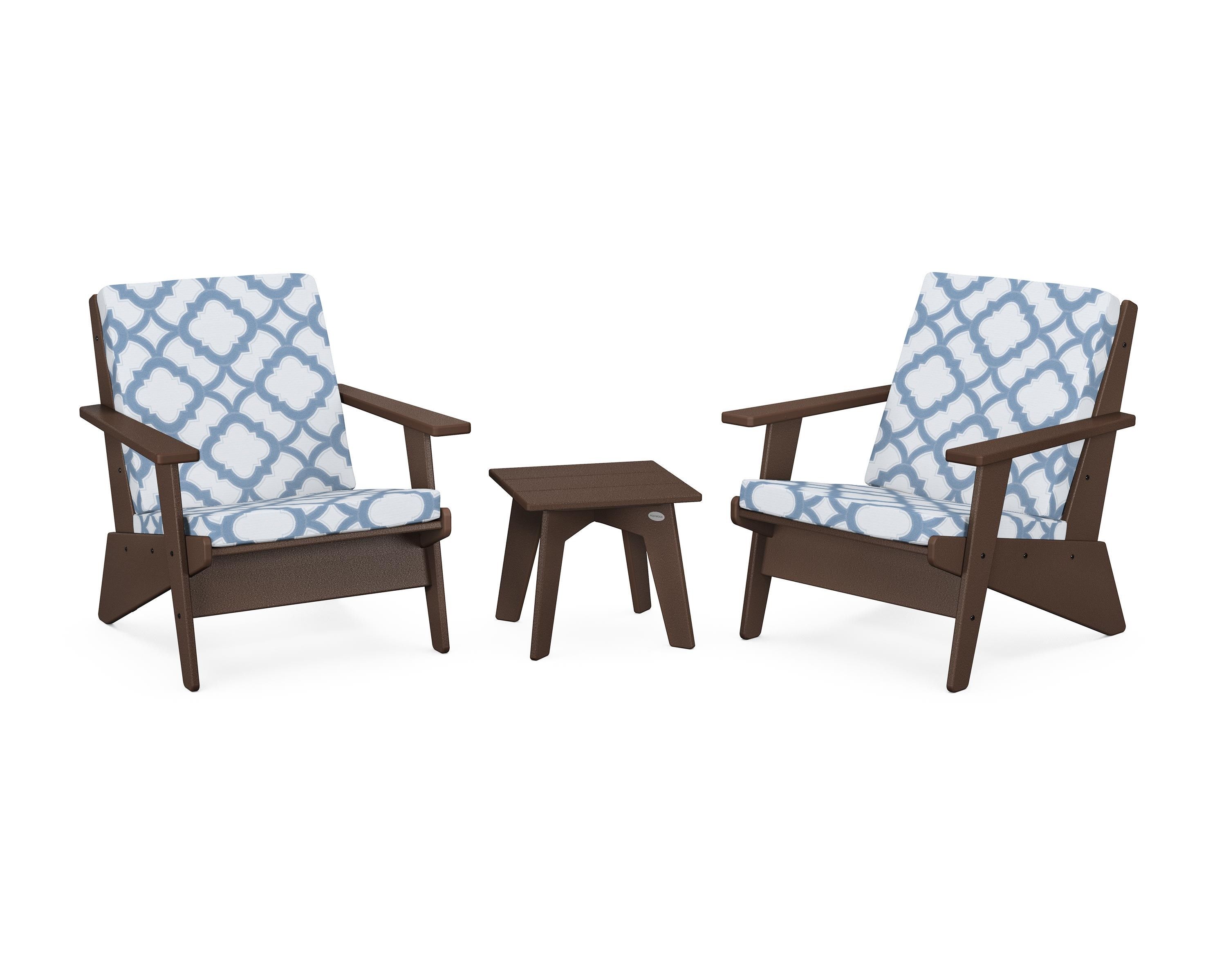 POLYWOOD® Riviera Modern Lounge 3-Piece Set in Mahogany / Trellis Sky Blue