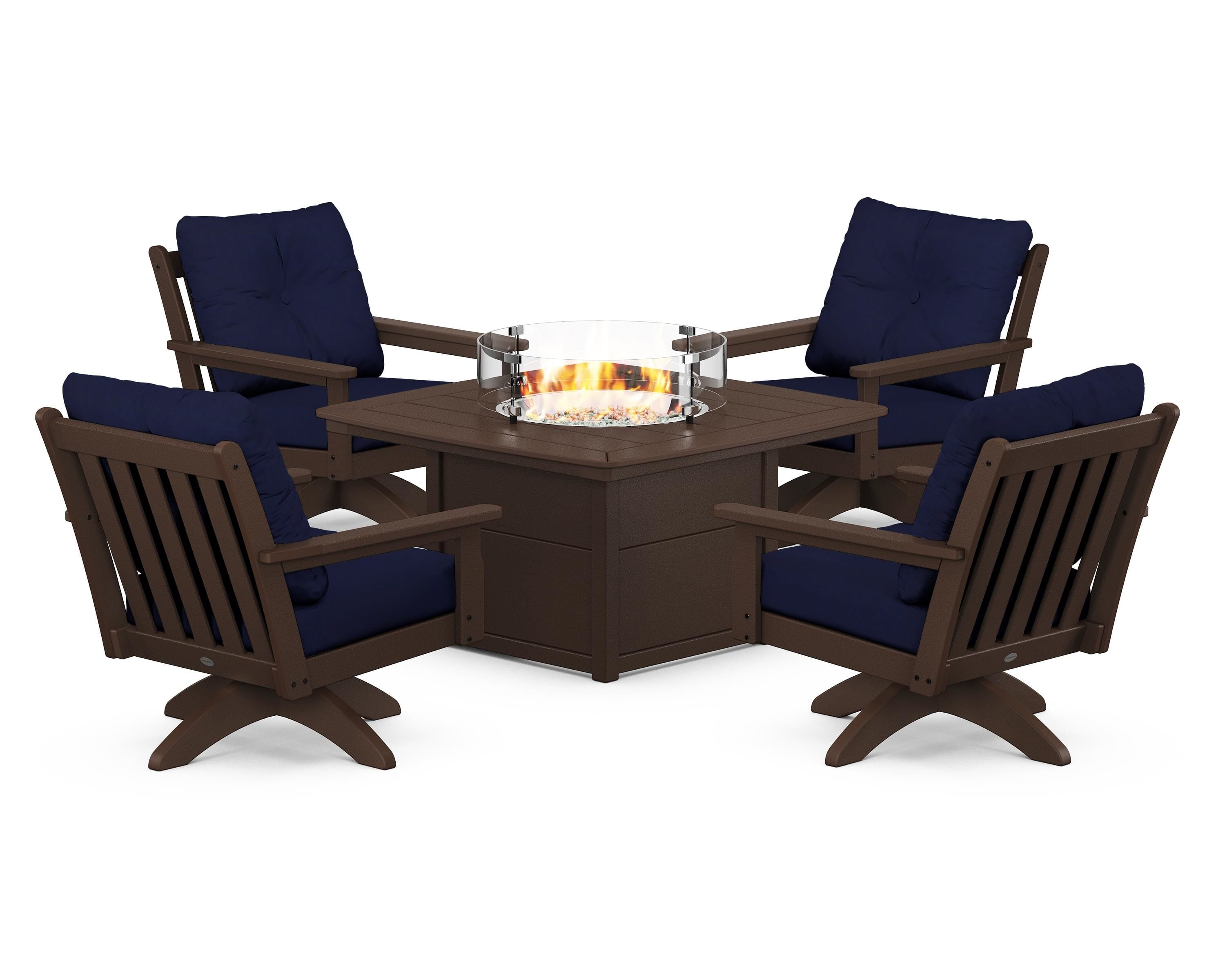 POLYWOOD® Vineyard 5-Piece Deep Seating Swivel Conversation Set with Fire Pit Table in Mahogany / Navy