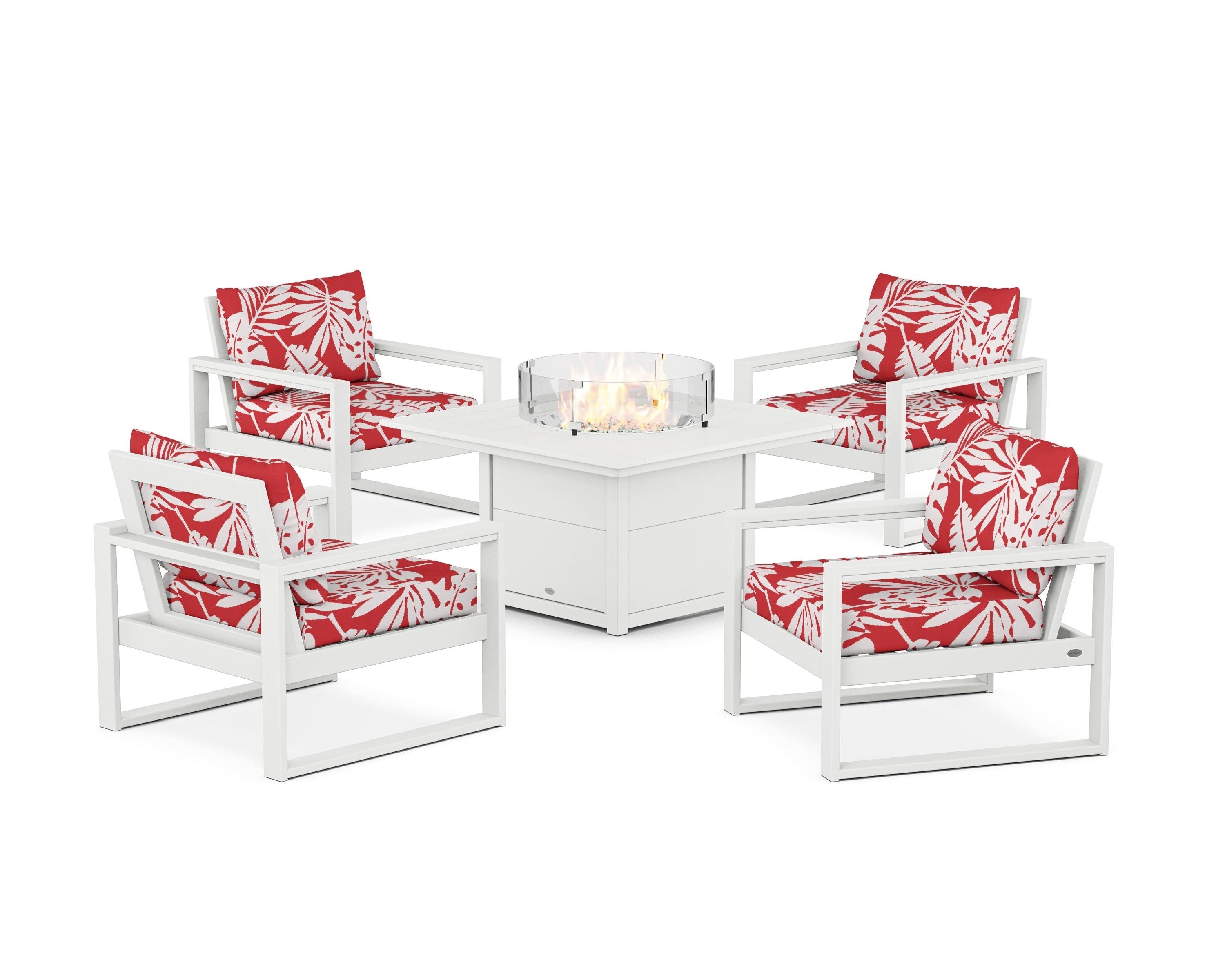 POLYWOOD® EDGE Sectional 5-Piece Deep Seating Set with Fire Pit Table in White / Leaf Crimson