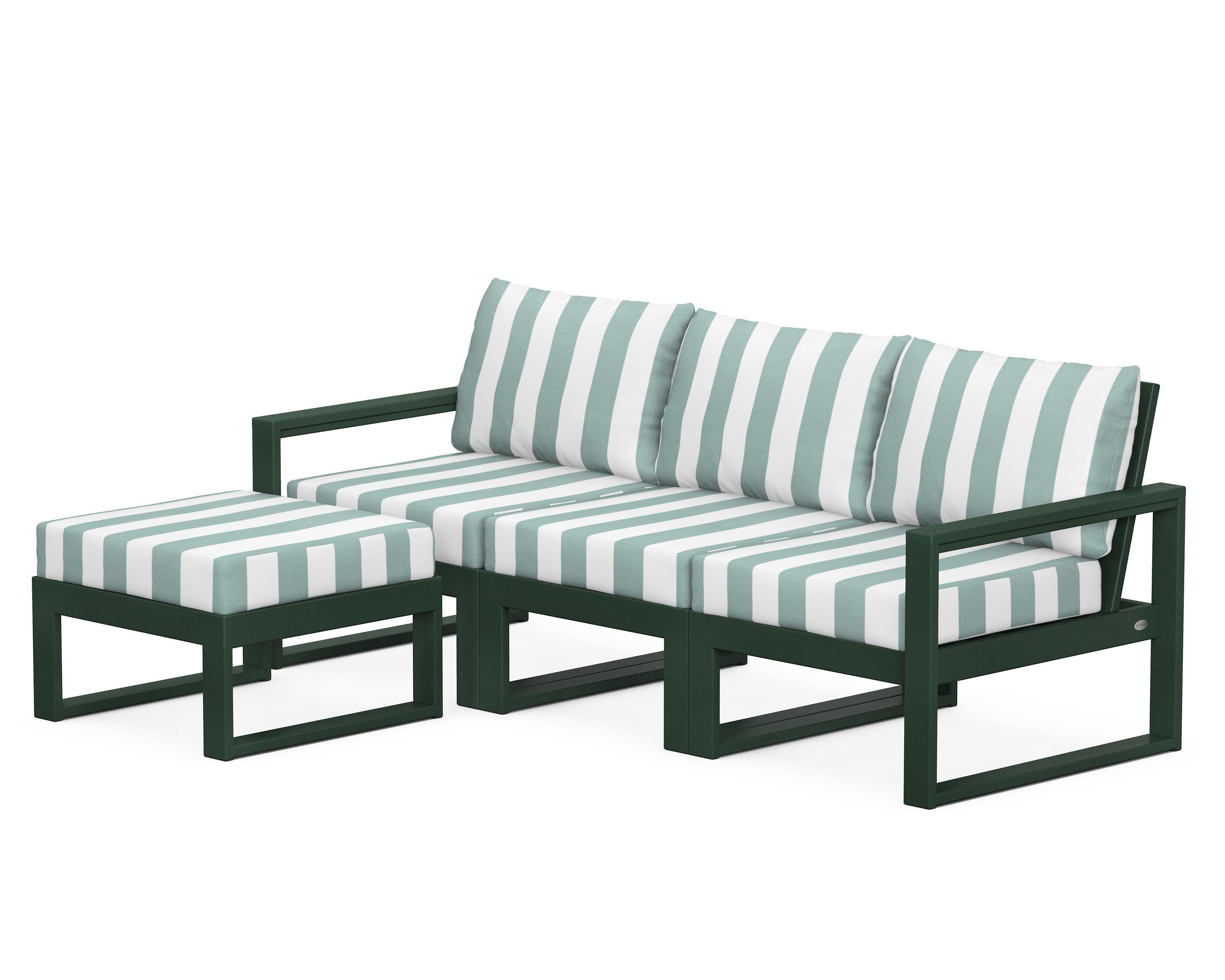 POLYWOOD® EDGE 4-Piece Modular Deep Seating Set with Ottoman in Green / Cabana Stripe Glacier Spa