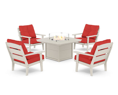 POLYWOOD® Lakeside 5-Piece Deep Seating Set with Nautical Fire Pit Table in Sand / Crimson Linen