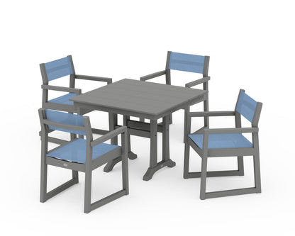 POLYWOOD® EDGE Sling 5-Piece Farmhouse Dining Set with Trestle Legs in Slate Grey / Poolside Sling